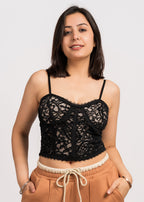 Black Stylish Floral Tank Top - Free Size
