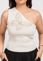 White Bloom Stylish One-shoulder top Free Size