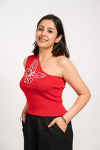Red Bloom Stylish One-shoulder top Free Size