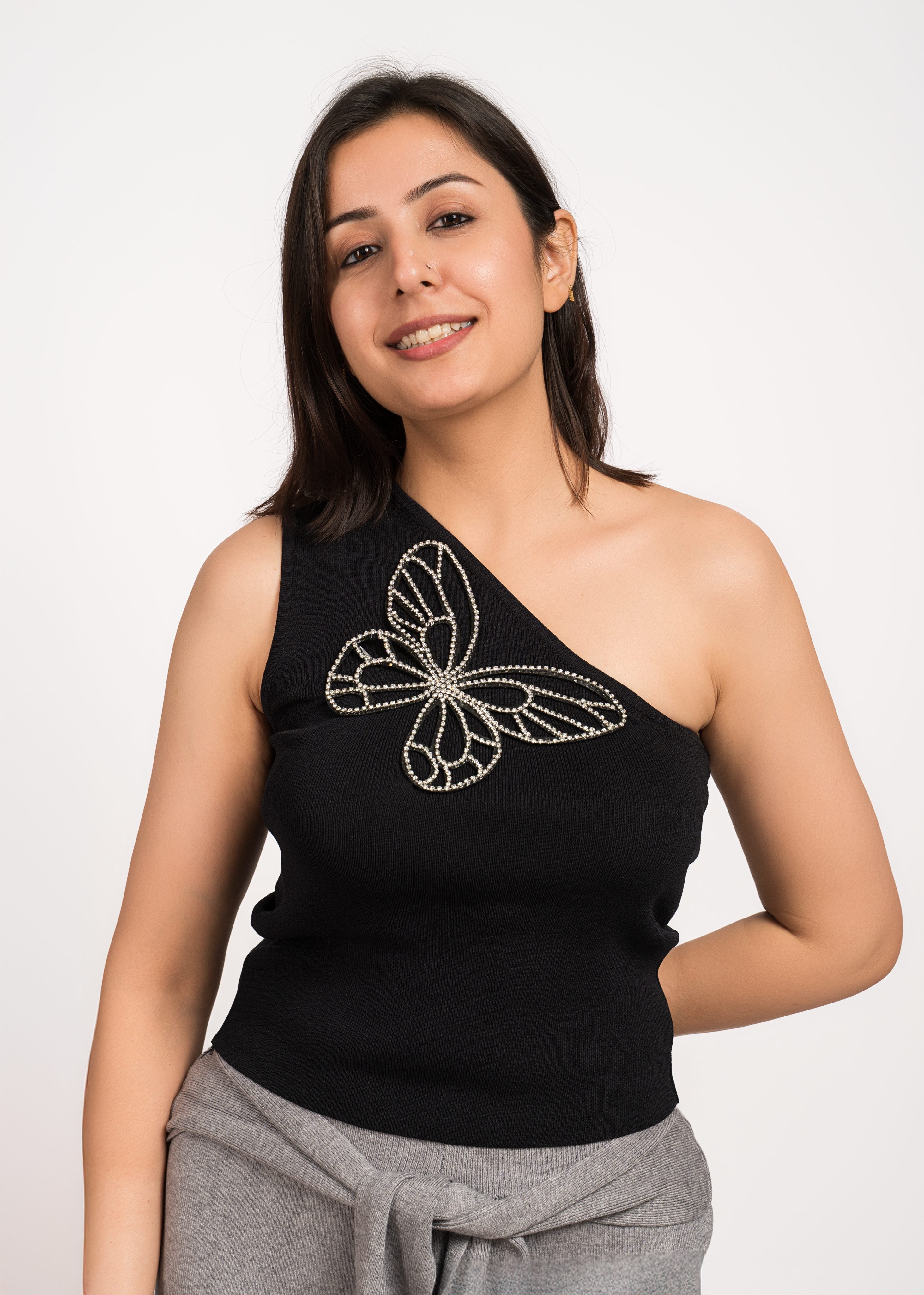 Black Bloom Stylish One-shoulder top Free Size
