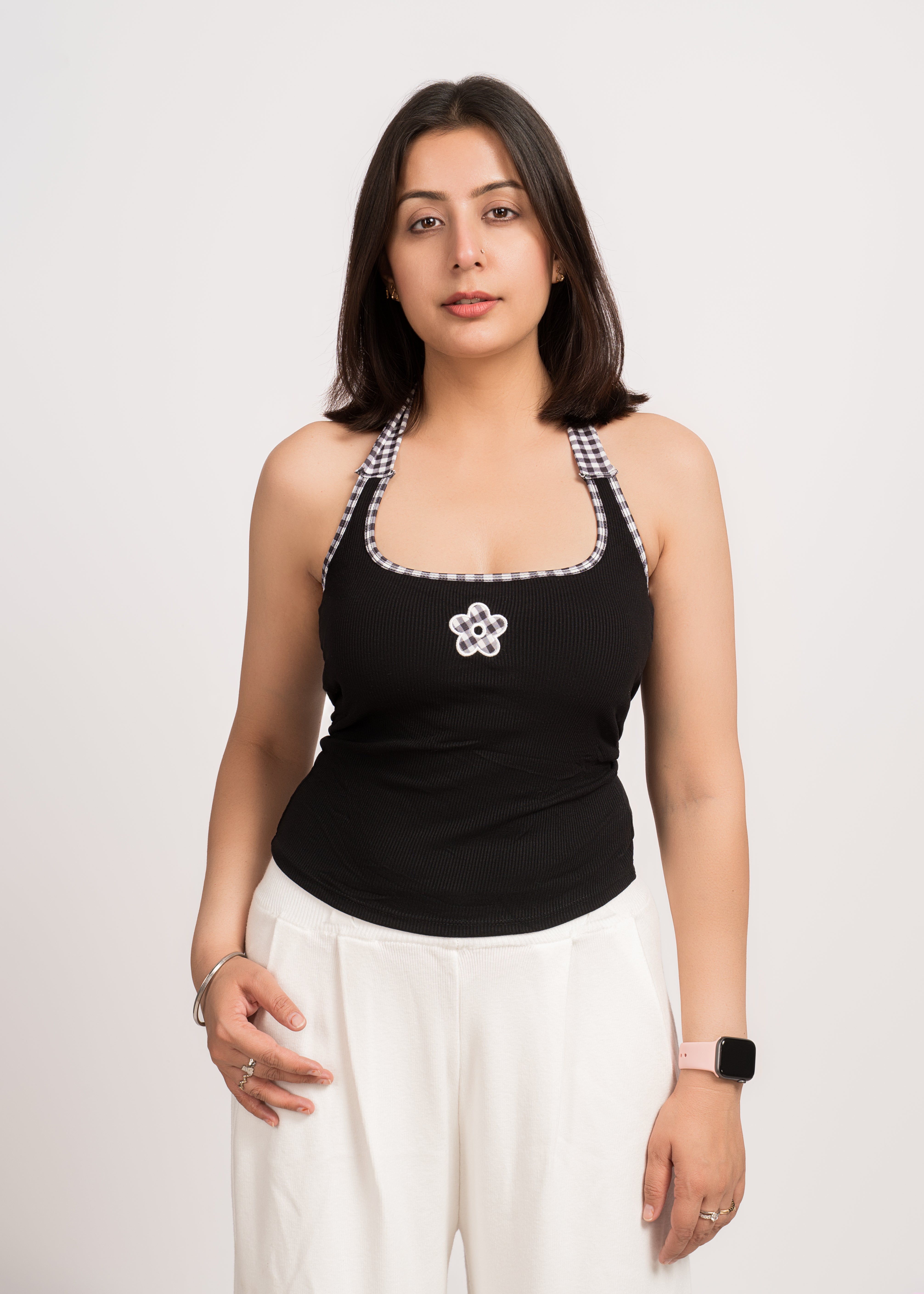 Polyester PELLICULEHalter pearl halter camisole Black PELLICULE