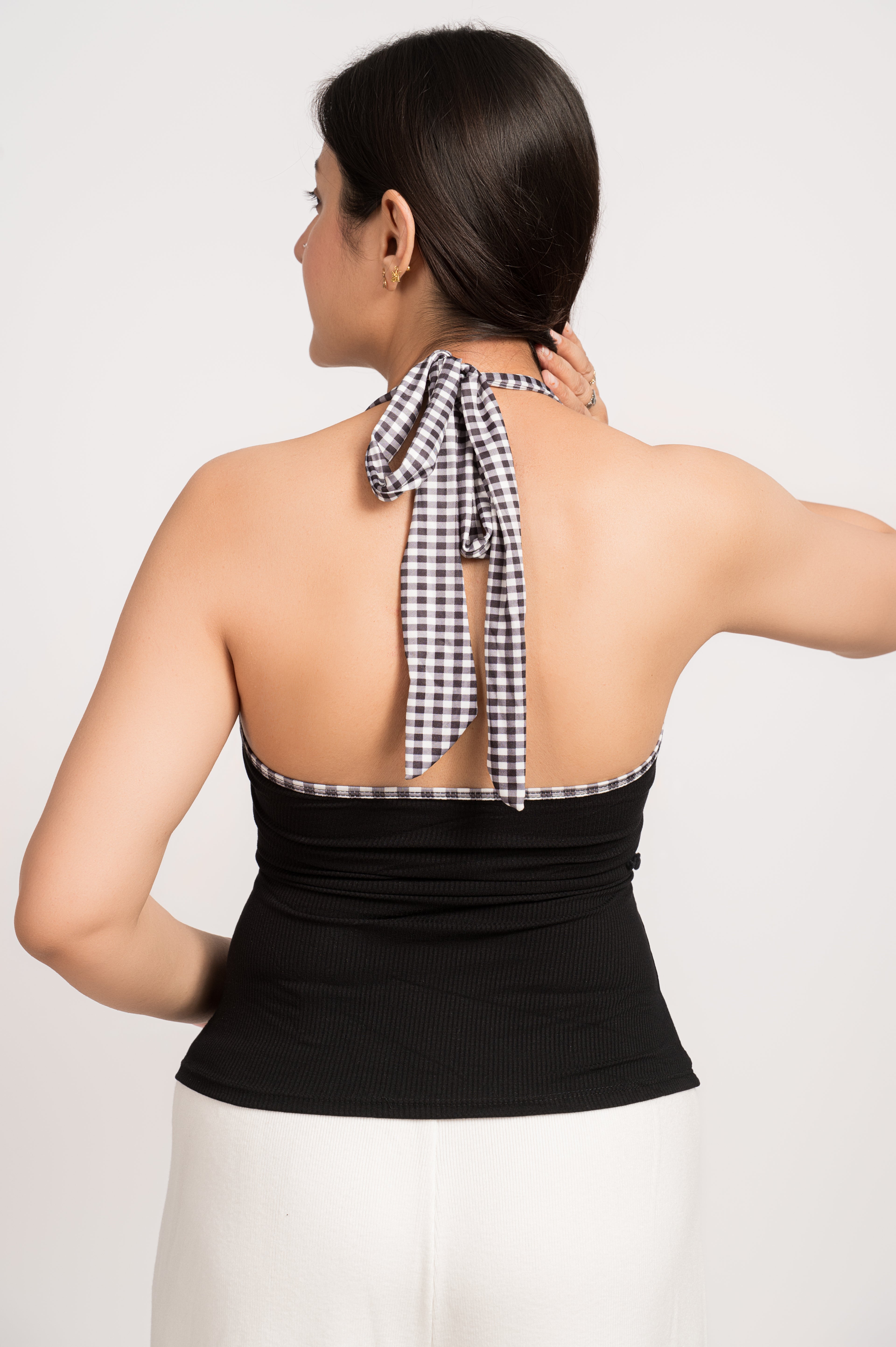 Black Gingham Bloom Halter Top